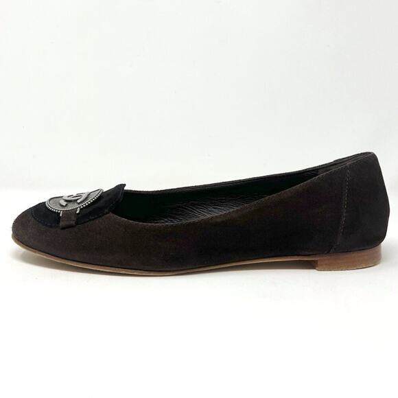 Chanel Brown Logo Black Suede Two Tone Silver Medallion Vintage Loafers Flats - Picture 2 of 10